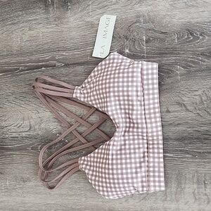 LA+ Image Strappy Gingham Sports Bra Tan & White Check Print XS